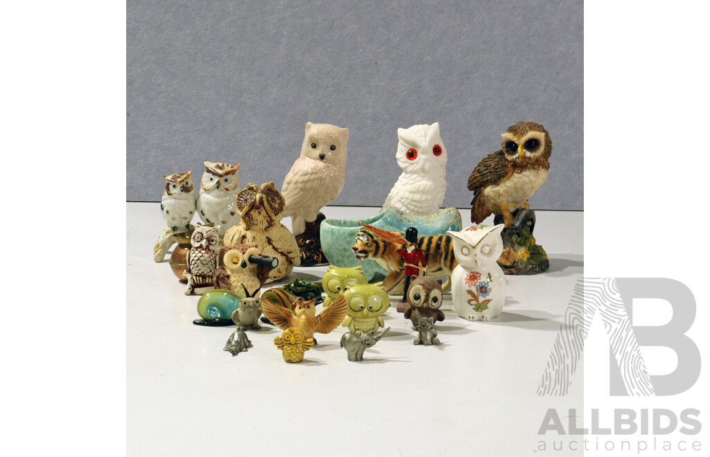 Collection Decorative Animal Themed Pieces Including Owls, Enamel Frog, Ceramic Tiger and More