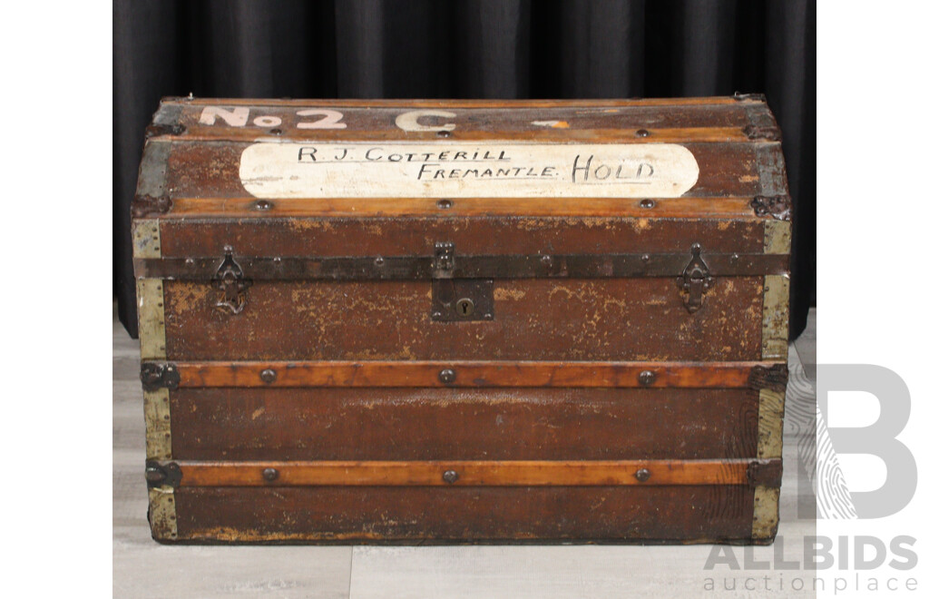 Vintage Dome Top Timber Bound Travellers Trunk