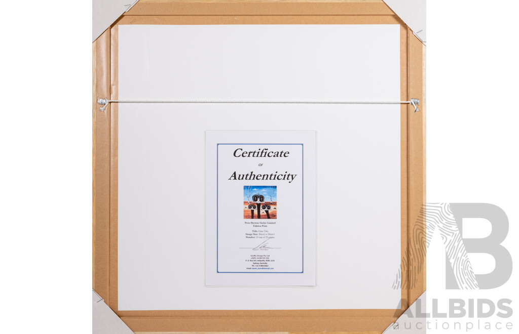 Peter Browne, (20th Century, Australian, 1947-), Emu Trio, Giclee Limited Edition Print, Hand Signed, 65 x 65 cm (frame)