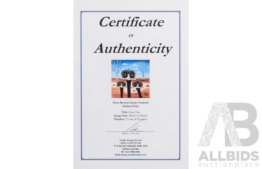 Peter Browne, (20th Century, Australian, 1947-), Emu Trio, Giclee Limited Edition Print, Hand Signed, 65 x 65 cm (frame)