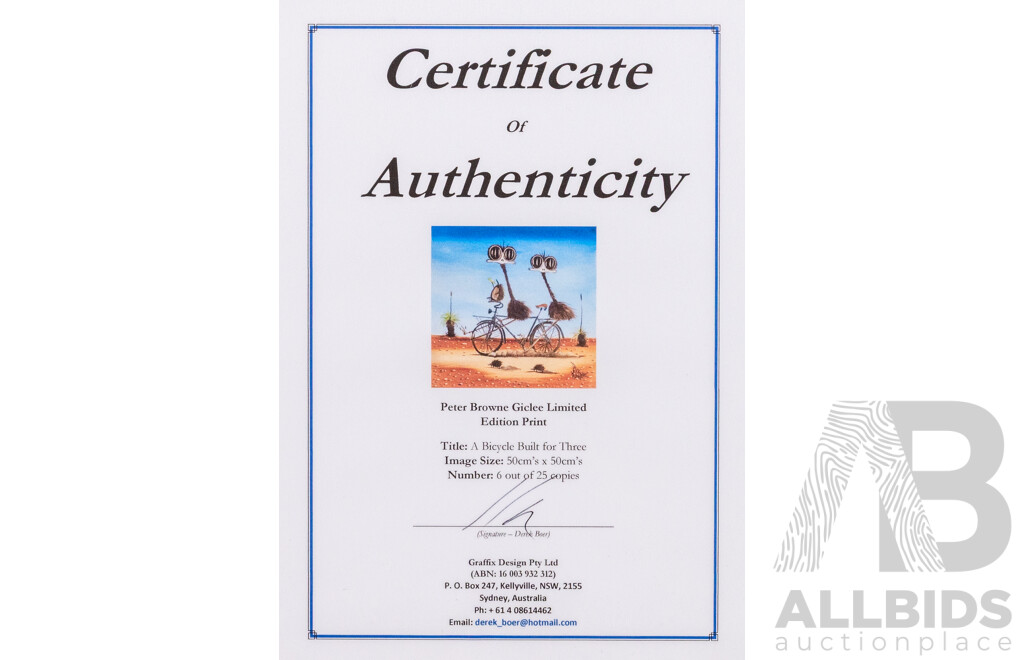 Peter Browne, (20th Century, Australian, 1947-), A Bicycle Built for Three, Giclee Limited Edition Print, Hand Signed, 65 x 65 cm (frame)