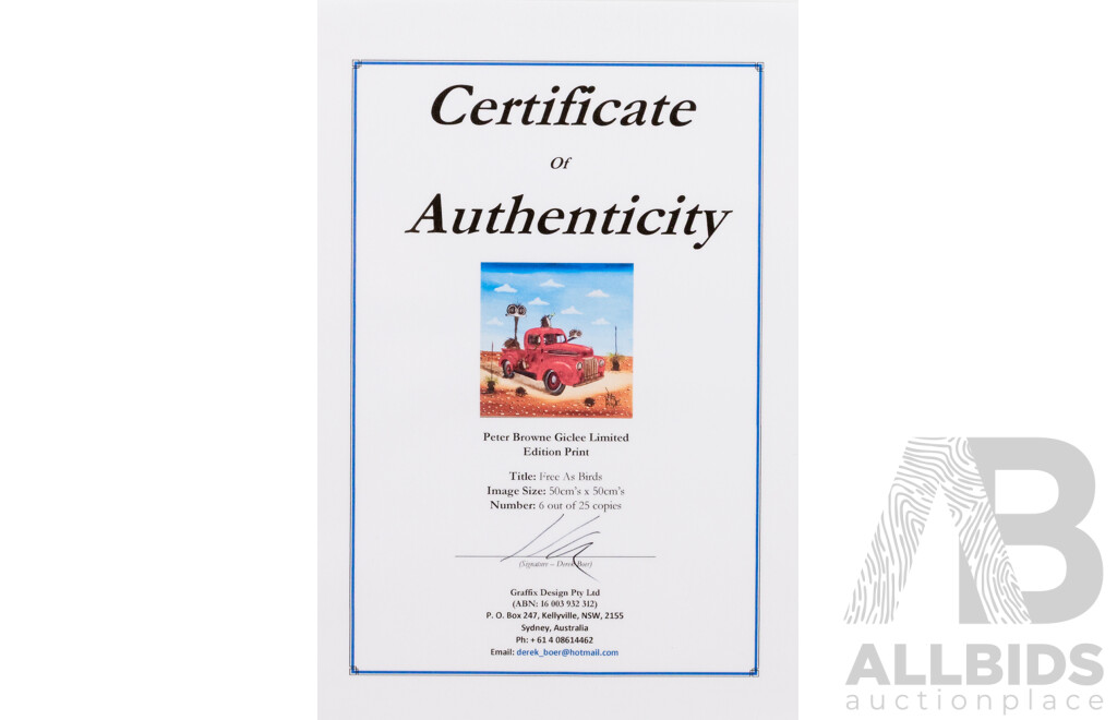 Peter Browne, (20th Century, Australian, 1947-), Free as Birds, Giclee Limited Edition Print, Hand Signed, 65 x 65 cm (frame)