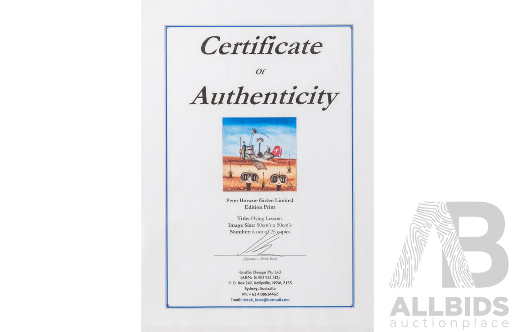 Peter Browne, (20th Century, Australian, 1947-), Flying Lessons, Giclee Limited Edition Print, Hand Signed, 65 x 65 cm (frame)