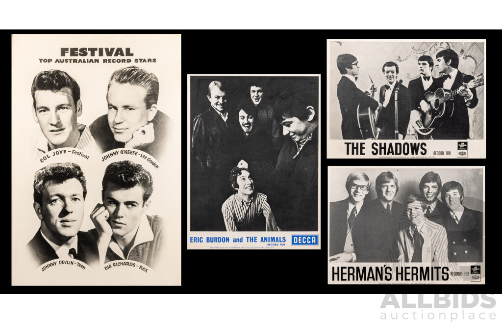 Collection Four Vintage 1960s Rock and Roll Record Store Promotional Posters, One on Board, Including Herman Hermits, Eric Burden and the Animals, The Shadows