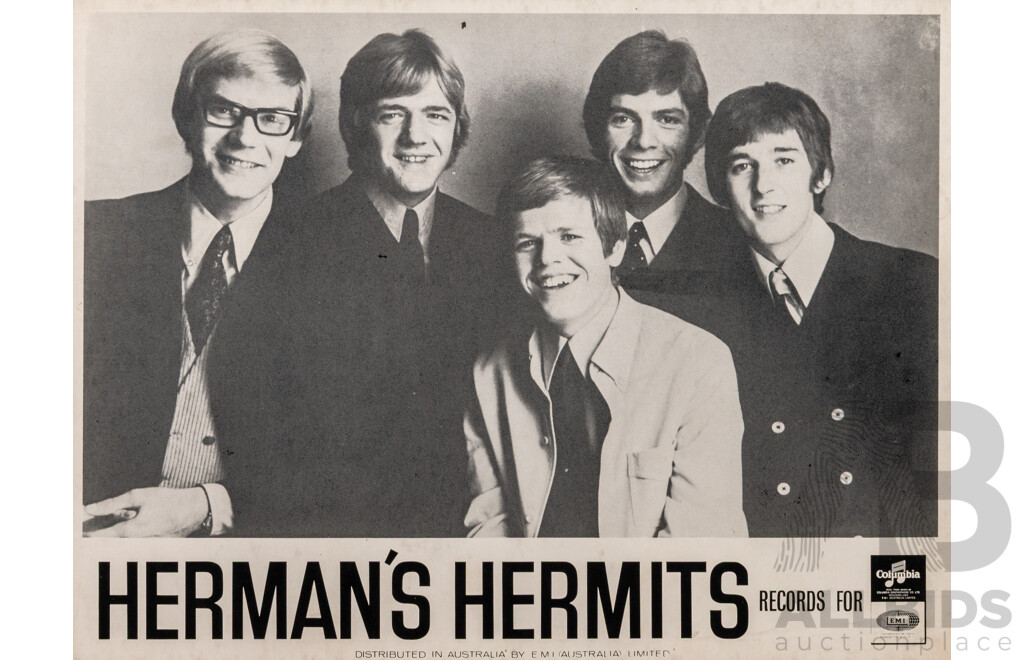 Collection Four Vintage 1960s Rock and Roll Record Store Promotional Posters, One on Board, Including Herman Hermits, Eric Burden and the Animals, The Shadows