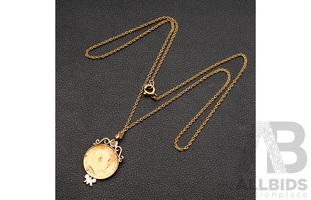 1910 Gold Half Sovereign Coin in 8ct Pendant with 0.35ct Old Rose Cut Diamond, on GP Chain, 5.14 Grams
