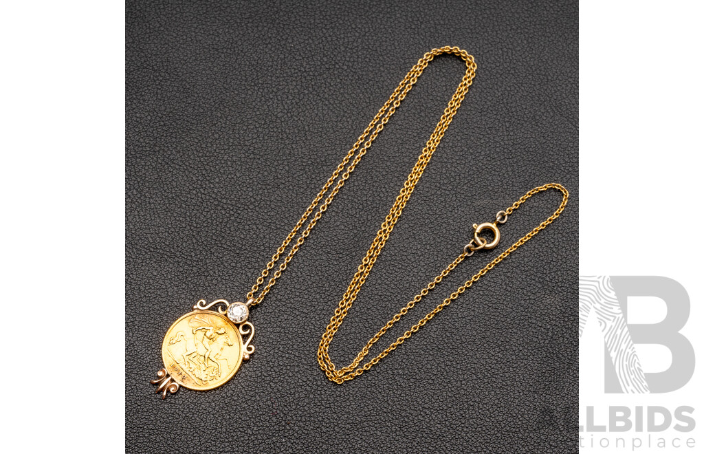 1910 Gold Half Sovereign Coin in 8ct Pendant with 0.35ct Old Rose Cut Diamond, on GP Chain, 5.14 Grams