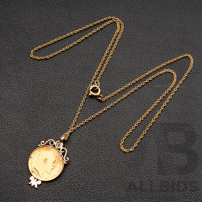 1910 Gold Half Sovereign Coin in 8ct Pendant with 0.35ct Old Rose Cut Diamond, on GP Chain, 5.14 Grams