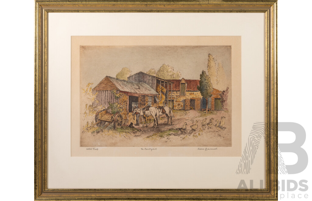 Cedric Emanuel, (20th Century, New Zealnd-Born Australian, 1906-1995), The Courtyard, Wonderful Original Hand Coloured Etching, 59 x 72 cm (frame)