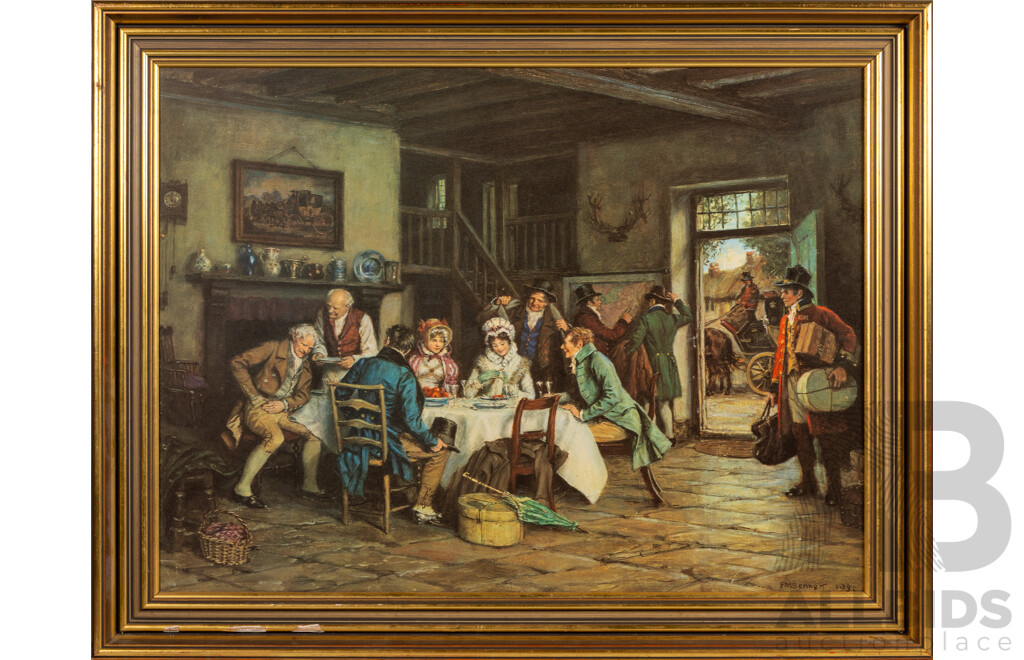F.M. Bennett (19/20th Centuries, British, 1874-1952), The Coaching Inn, Vintage Reproduction Print on Board of Original Oil From 1950, 64 x 82 cm (frame)