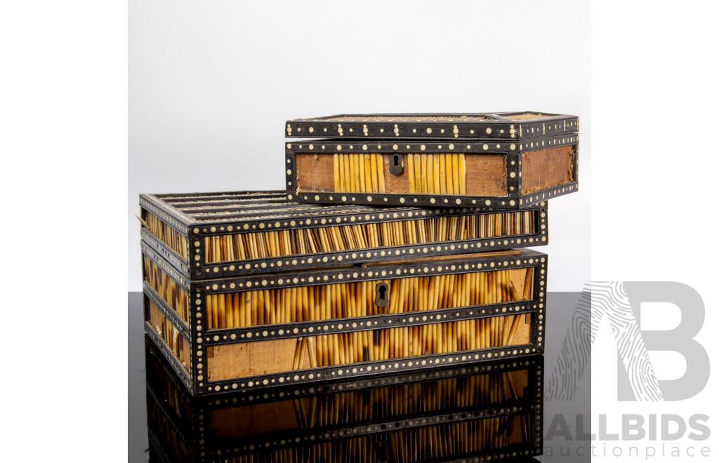 Pair of Graduated Lift Top Jewellery Boxes with Porcupine Quill Exterior