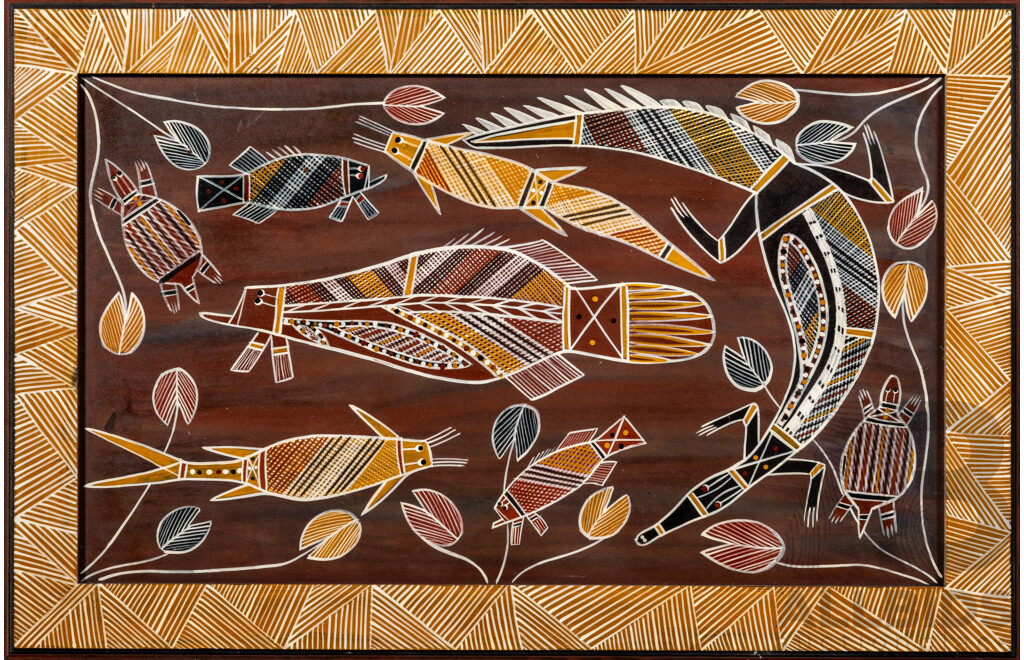 Bolda Hunter, (20th Century, Indigenous-Australian), Ngan-Langga - Billabong Living-Waters, Wonderful Original Acrylic on Wooden Panel with Attached Painted Frame, 39 x 60 cm (frame)