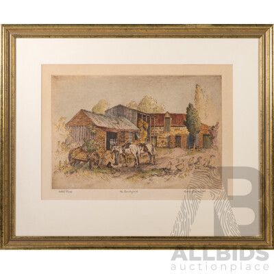 Cedric Emanuel, (20th Century, New Zealnd-Born Australian, 1906-1995), The Courtyard, Wonderful Original Hand Coloured Etching, 59 x 72 cm (frame)