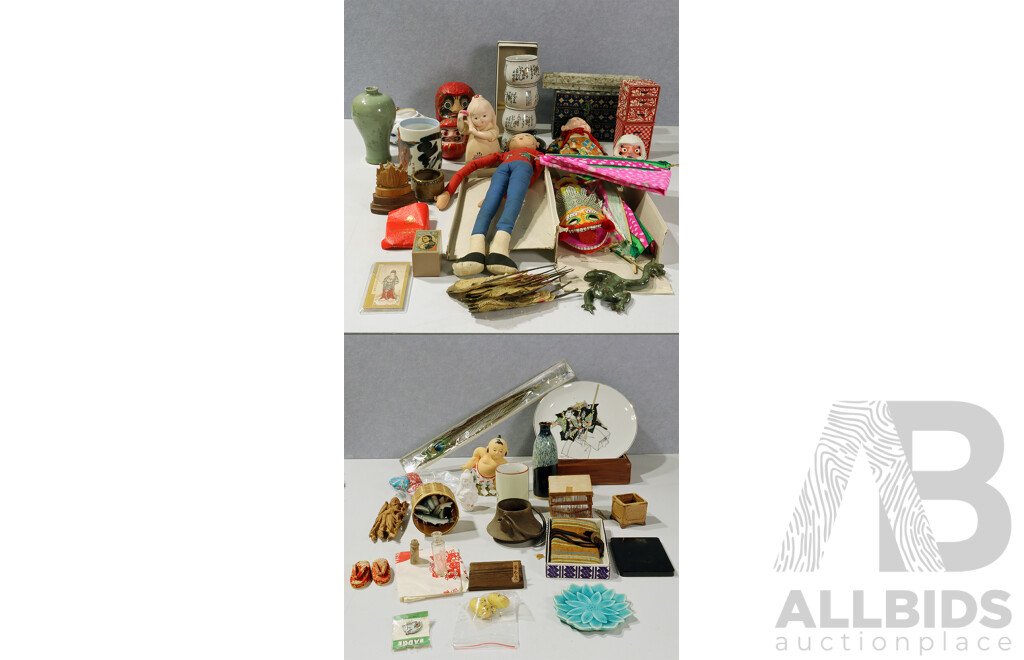 Collection Mostly Japanese Souvenir Ware Including Dolls, Ceramics and More