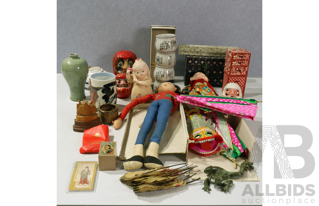 Collection Mostly Japanese Souvenir Ware Including Dolls, Ceramics and More