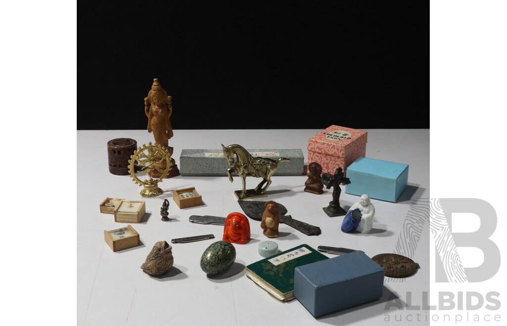 Collection Mostly Japanese Souvenir Ware Including Ceramics, Miniature Dolls, Folding Knives and More