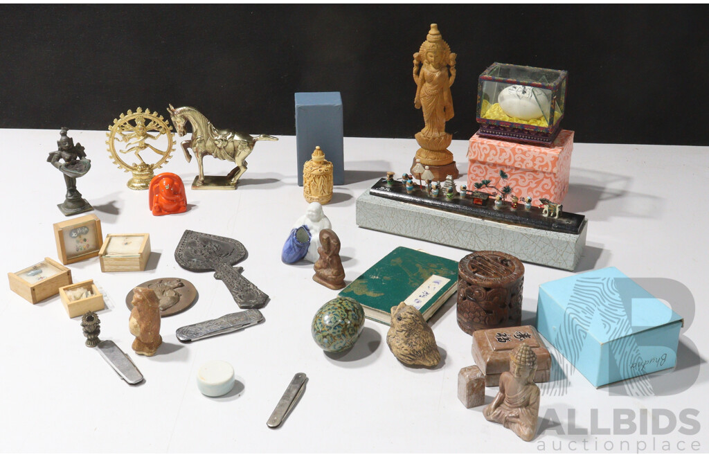 Collection Mostly Japanese Souvenir Ware Including Ceramics, Miniature Dolls, Folding Knives and More