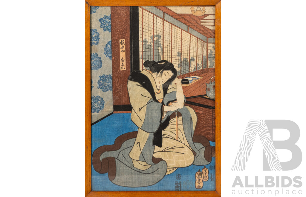 Ichiyusai Kuniyoshi, (19th Century, 1797-1861, Japanese), Shiraito, Coutresan of the Hashimoto House, Original Antique Woodblock Print, 36 x 25 cm (frame)