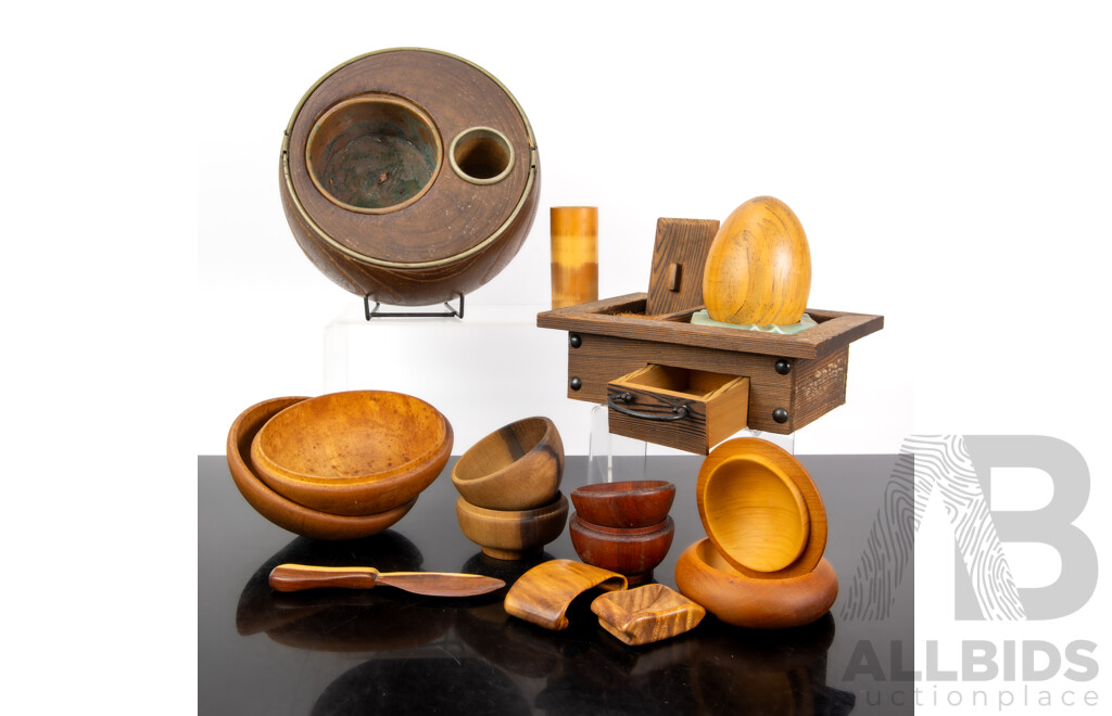 Collection Treen Including Japanese Smokers Cabinet, Japanese Smokers Bowl, Australian Huon Pine Lidded Container by Ian Hewitt and More