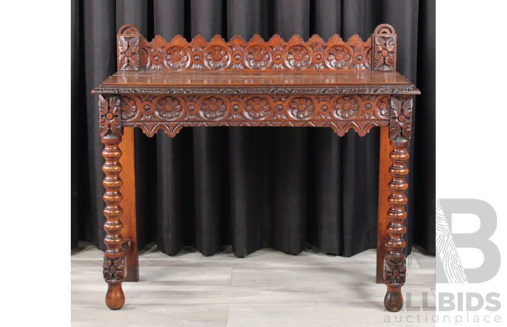 Oak Gothic Style Carved Console Table