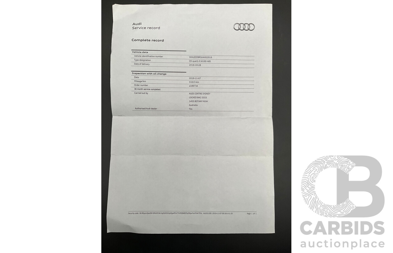 08/2016 Audi Q5 2.0 TDI Quattro (AWD) 8R MY17 4d Wagon Mythos Black Metallic Turbo Diesel 2.0L