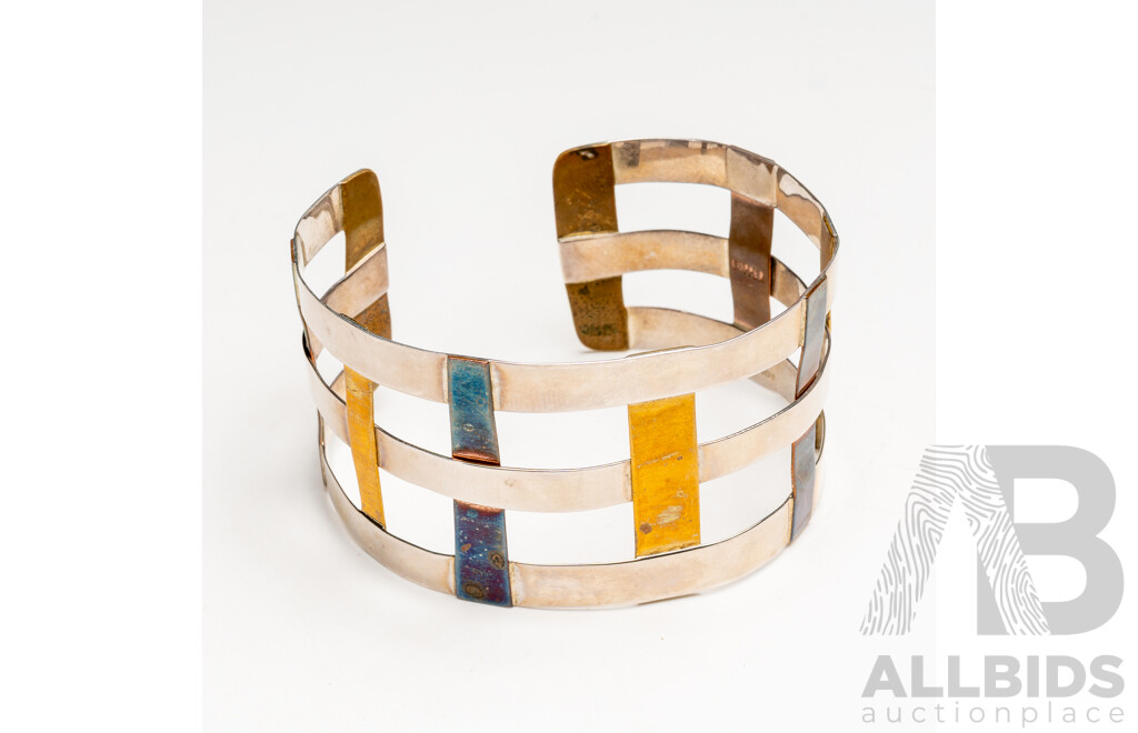 Sterling Silver Robert Lee Morris Artisian Woven Copper Open Cuff Bangle, 38mm Wide, 69mm Diameter, 32.29 Grams