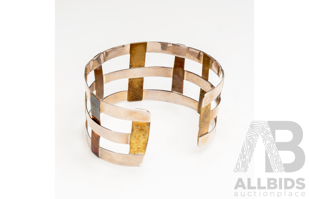 Sterling Silver Robert Lee Morris Artisian Woven Copper Open Cuff Bangle, 38mm Wide, 69mm Diameter, 32.29 Grams