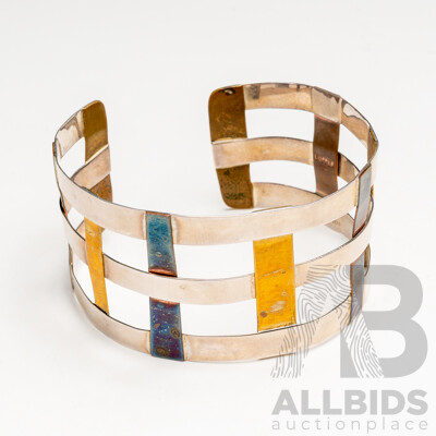Sterling Silver Robert Lee Morris Artisian Woven Copper Open Cuff Bangle, 38mm Wide, 69mm Diameter, 32.29 Grams