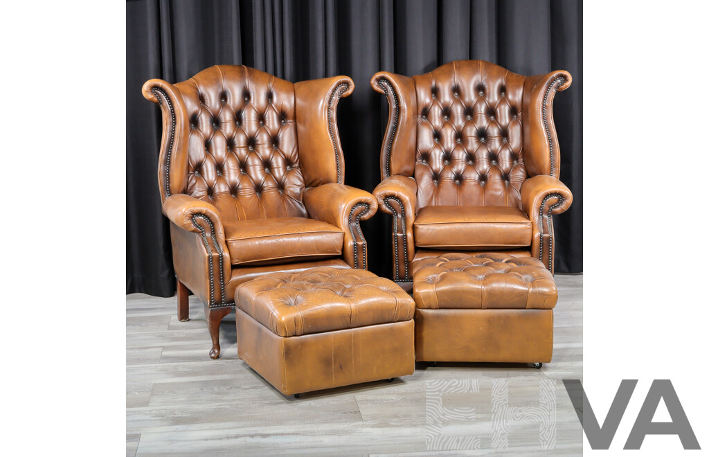 Pair of Leather Wingback Armchairs with Lift Top Ottomans