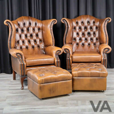 Pair of Leather Wingback Armchairs with Lift Top Ottomans