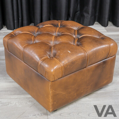 Pair of Leather Wingback Armchairs with Lift Top Ottomans