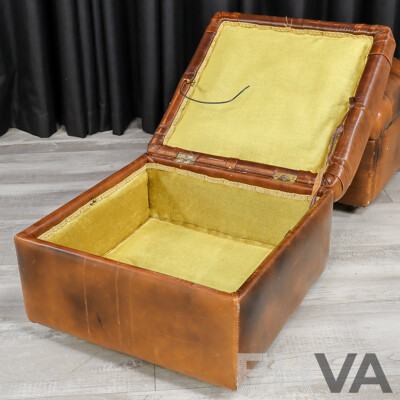 Pair of Leather Wingback Armchairs with Lift Top Ottomans