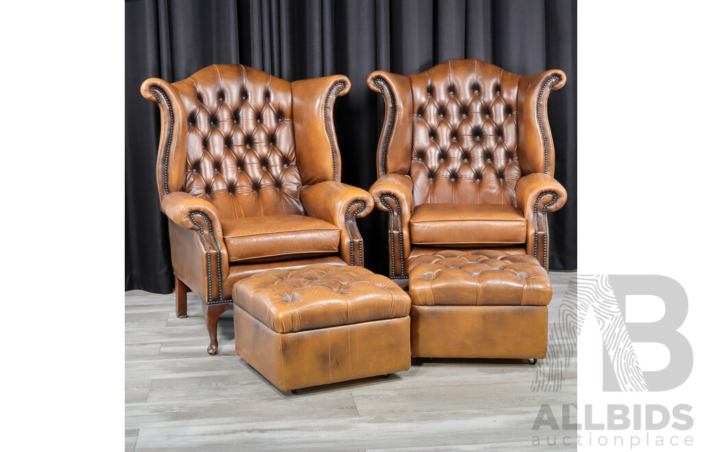Pair of Leather Wingback Armchairs with Lift Top Ottomans