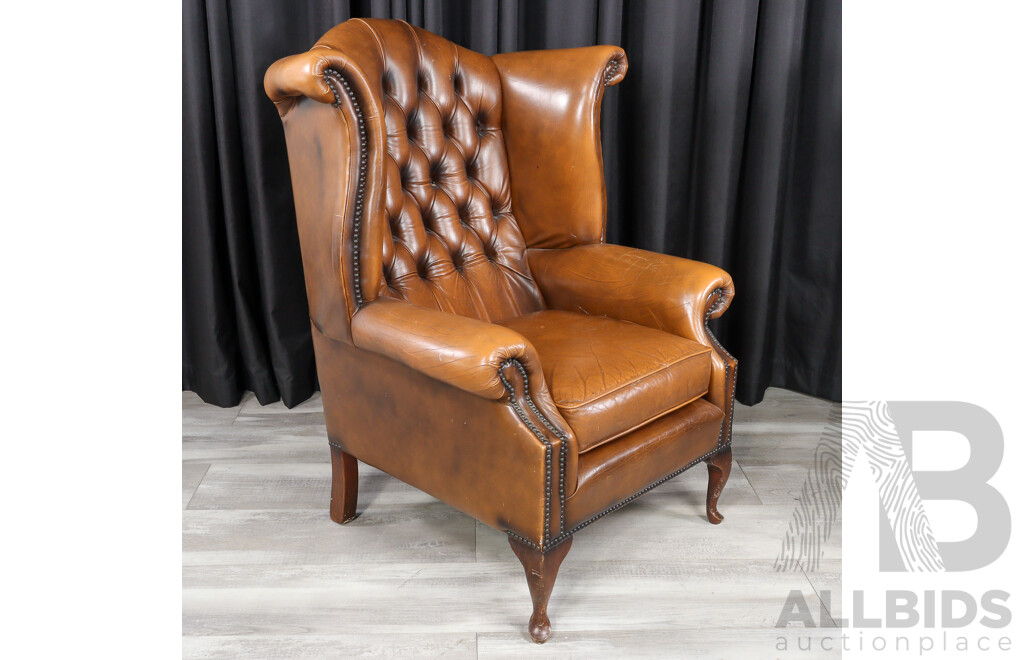 Pair of Leather Wingback Armchairs with Lift Top Ottomans