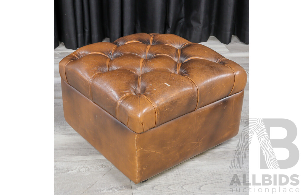 Pair of Leather Wingback Armchairs with Lift Top Ottomans
