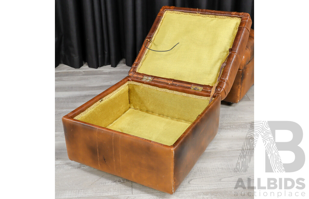 Pair of Leather Wingback Armchairs with Lift Top Ottomans