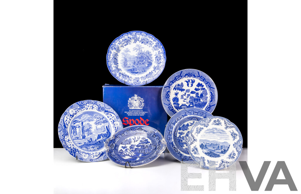 Collection Four Spode Porcelain Blue Room Collection Plates in Original Box Along with Spode Italian Plate & Four Other Blue & White Examples