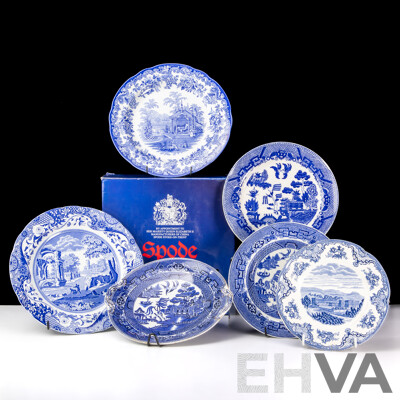 Collection Four Spode Porcelain Blue Room Collection Plates in Original Box Along with Spode Italian Plate & Four Other Blue & White Examples