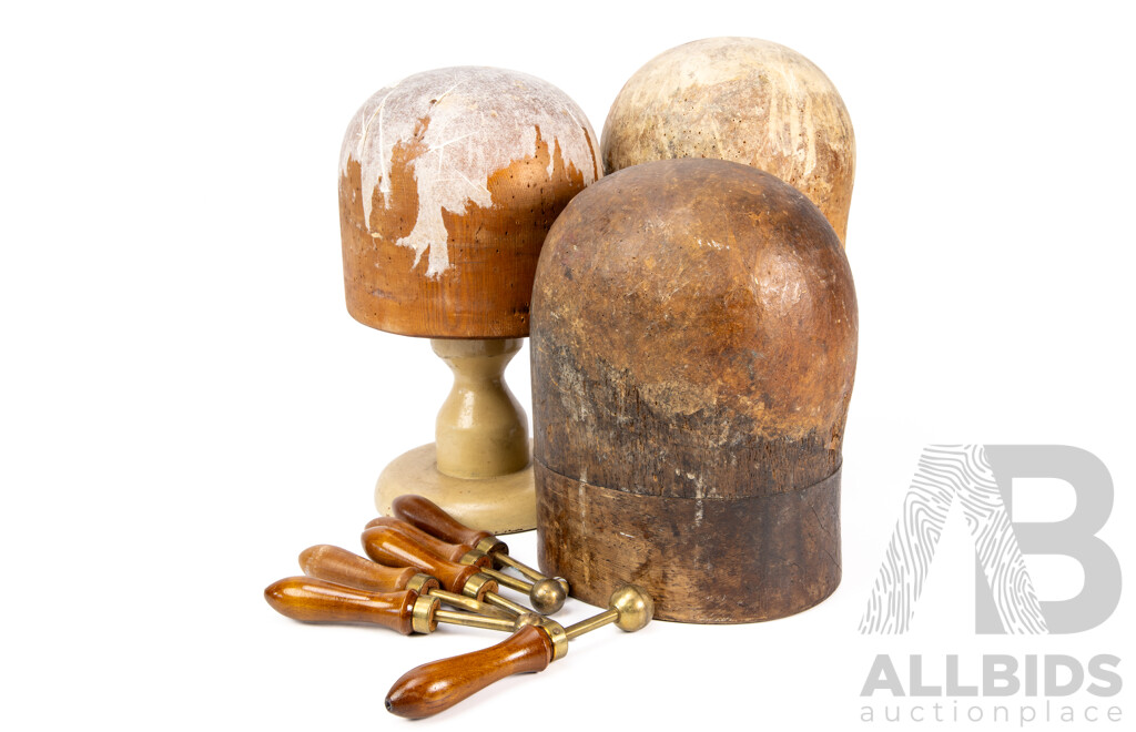 Good Collection Vintage Wooden Hat Blocks Including Light Wood Godfreys Sydney Huon Pine Example ALong with Collection Vintage Millinery Tools