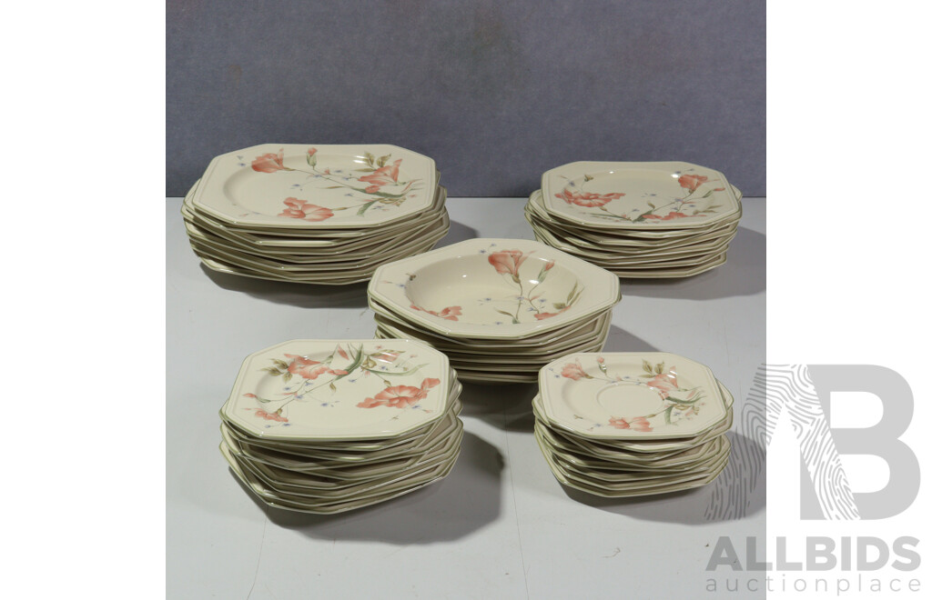 Retro Mikassa 70 Piece Continental Ivory Porcelain Dinner Service in Pink Iris Pattern