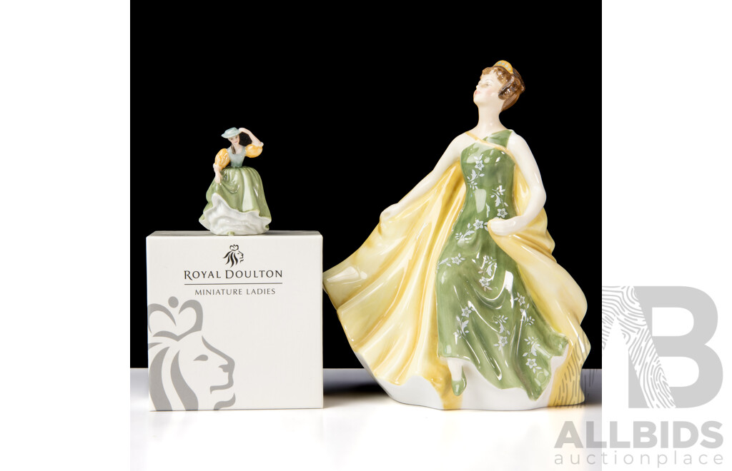 Royal Doulton Porcelain Lady Figure, Alexandra HN 2398, Along with Royal Doulton Porcelain Miniature Lady Figure in Original Box: Buttercup, Signed by Michael Doulton
