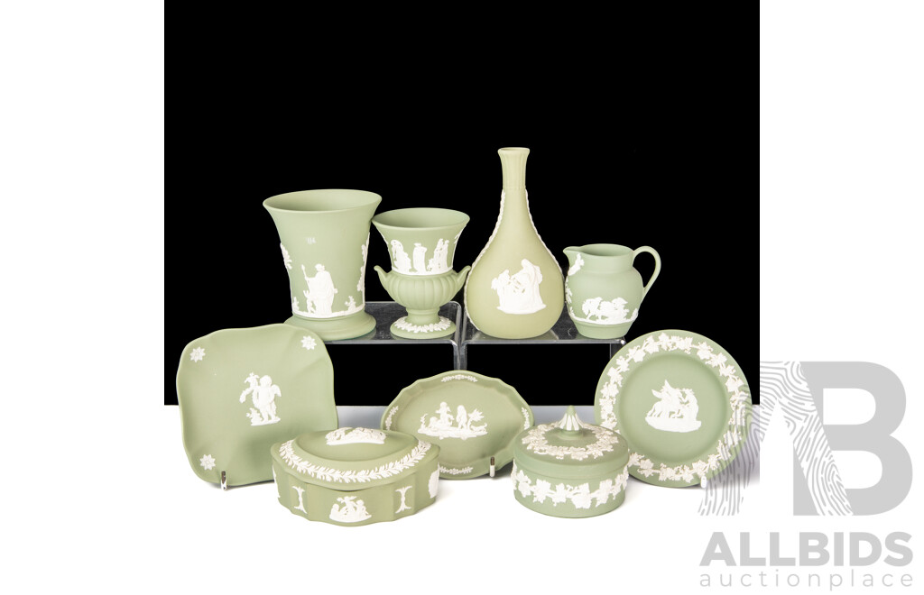 Nice Collection Wedgwood Jasper Ware in Sage Green Including Vases, Lidded Containers and More