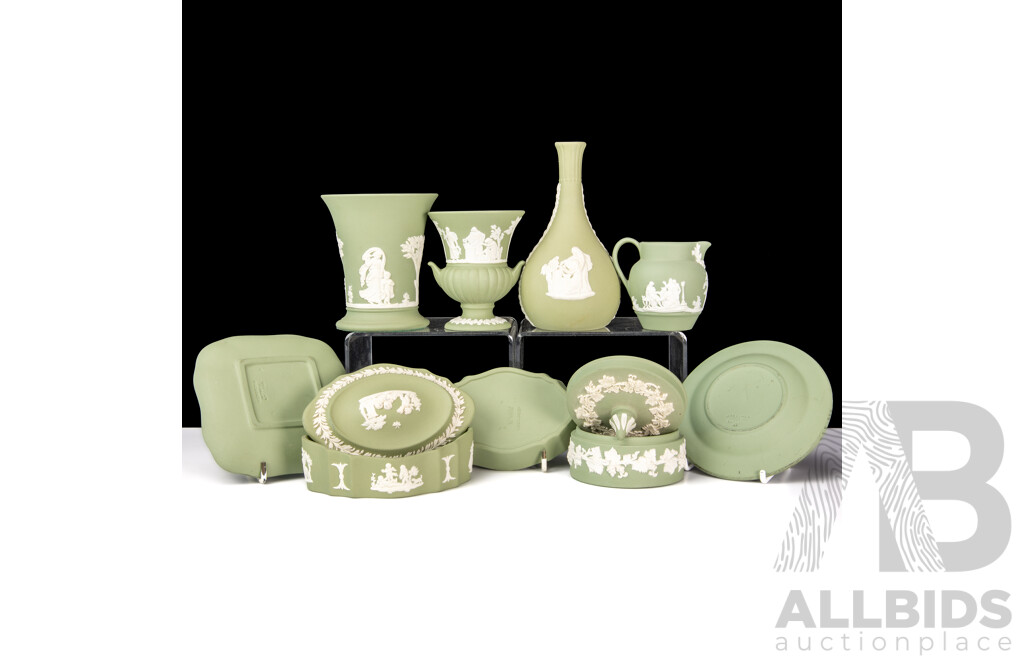 Nice Collection Wedgwood Jasper Ware in Sage Green Including Vases, Lidded Containers and More