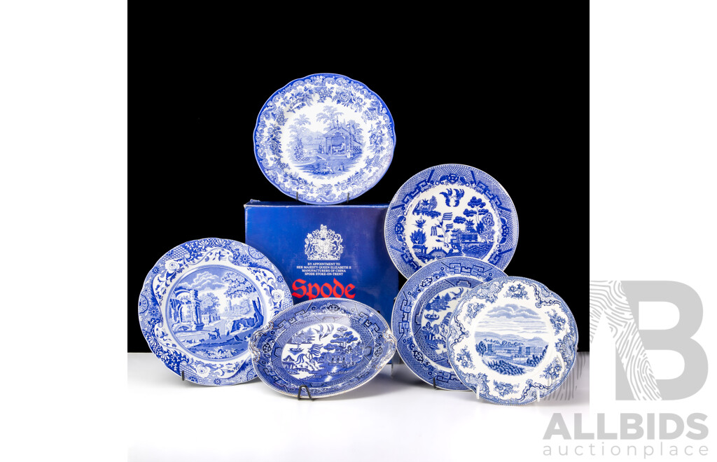 Collection Four Spode Porcelain Blue Room Collection Plates in Original Box Along with Spode Italian Plate & Four Other Blue & White Examples
