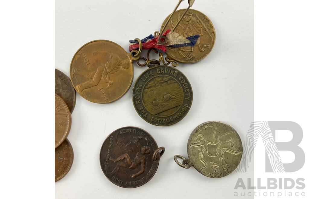 Collection of Australian and Great Britain Pennies and Half Pennies with WW2 Victory Medal, Pendants and France 1864 Napoleon Ten Centimes