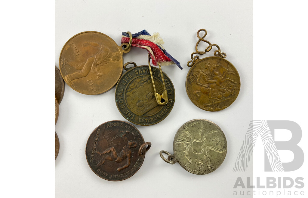 Collection of Australian and Great Britain Pennies and Half Pennies with WW2 Victory Medal, Pendants and France 1864 Napoleon Ten Centimes