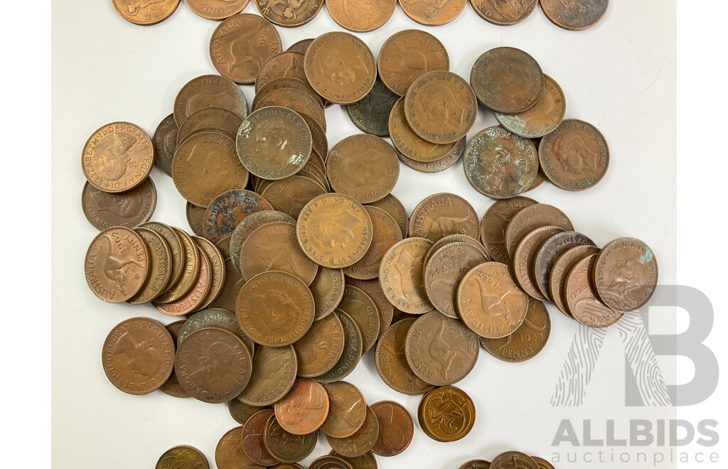 Collection of Australian KGVI/QE2 Pennies, Examples Spanning 1941 to 1964, One and Two Cent Pieces and United Kingdom Pennies Spanning 1891 to 1937