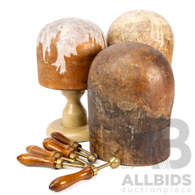Good Collection Vintage Wooden Hat Blocks Including Light Wood Godfreys Sydney Huon Pine Example ALong with Collection Vintage Millinery Tools