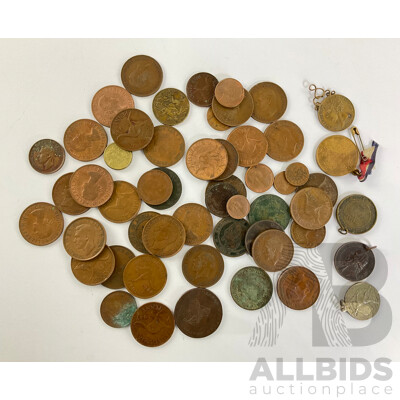 Collection of Australian and Great Britain Pennies and Half Pennies with WW2 Victory Medal, Pendants and France 1864 Napoleon Ten Centimes