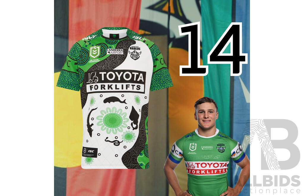 14. Owen Pattie - Match Worn and Signed Canberra Raiders 2025 Indigenous Jersey - Round 23 V Manly - Proceeds Towards The Raiders Foundation